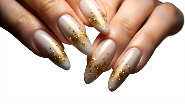 Closeup of a womans hand with elegant stiletto nails adorned with nude polish and sparkling gold glitter, isolated on transparent background