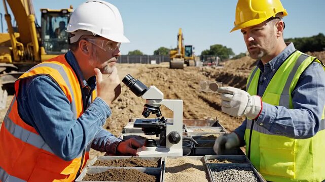 Construction workers examining soil sample with microscope outdoors