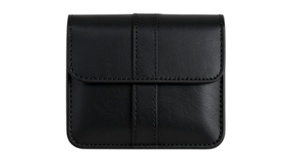 Minimalist Black Leather Card Holder or Small Case with Decorative Stitching Isolated