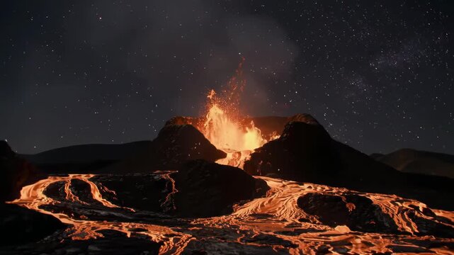 Volcanic eruption at night with lava flow and starry sky for dramatic landscape imagery