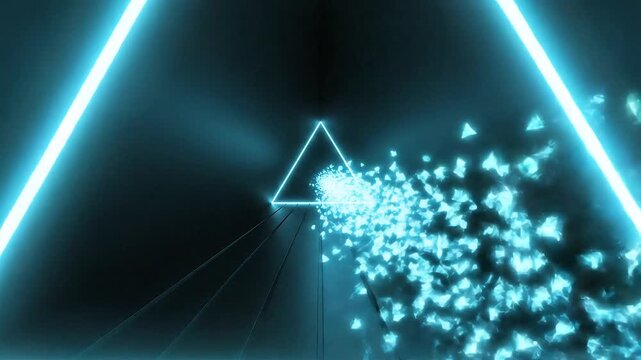 Abstract neon triangle portal with glowing particles emanating from a central point, creating a futuristic and dynamic visual experience