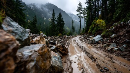 Muddy road in a mountainous, forested area is completely blocked by a recent rockslide, with large boulders and debris scattered across the path.