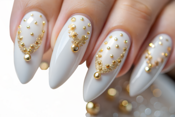 Elegant white almondshaped nails with intricate gold bead and chain embellishments, isolated on transparent background