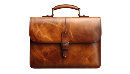 Rustic Vintage Brown Leather Briefcase or Satchel Isolated on Transparent Background