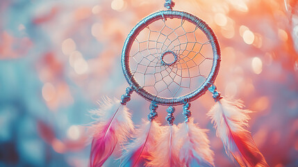 Dreamcatcher with vibrant feathers in soft, dreamy colors evoking tranquility and peace