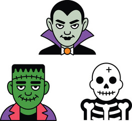 Halloween character trio illustration, cartoon vampire Frankenstein skeleton design, spooky festive artwork, whimsical seasonal monster concept, vector background