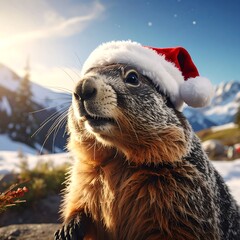 A charming rodent wearing a Santa hat basks in the sunlight, with snowy mountains in the background. A festive, heartwarming scene