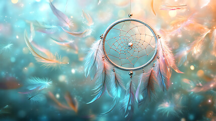 Dreamcatcher with feathers floating in soft light, perfect for calm and peaceful designs