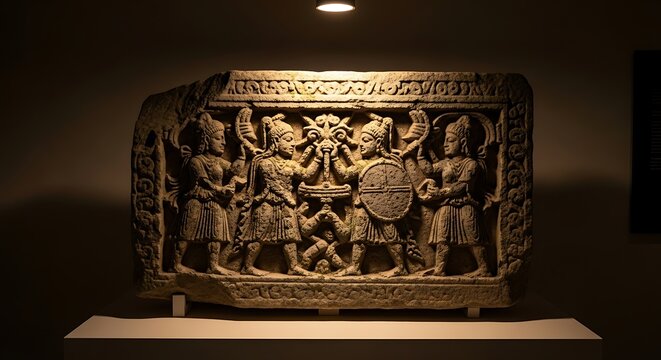 Ancient stone carving depicting figures in a museum display.