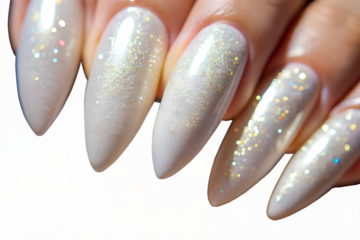 Closeup of a womans hand with elegant stiletto nails, featuring a pearlescent white polish with subtle gold glitter accents, isolated on transparent background