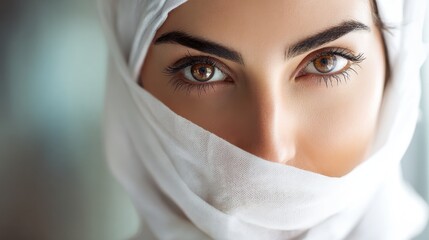 Mystical Gaze: A captivating portrait of a woman of Arab descent, shrouded in a traditional head covering, her mesmerizing eyes speak volumes