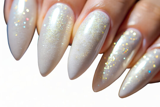 Closeup of a womans hand with elegant stiletto nails, featuring a pearlescent white polish with subtle gold glitter accents, isolated on transparent background