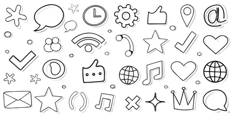 Collection of hand drawn social media and communication icons with a doodle style and shadow effect