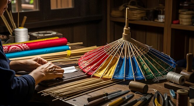 Artisan crafting a colorful traditional umbrella in a workshop.
