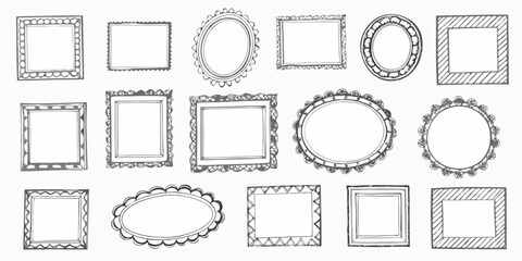 Collection of hand drawn decorative picture frames and borders in various shapes and styles