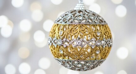 Ornate golden and silver christmas ornament with intricate filigree and sparkling jewels, festive decoration