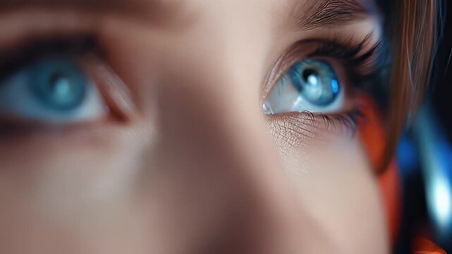 Close up of blue eyes and skin texture with headset