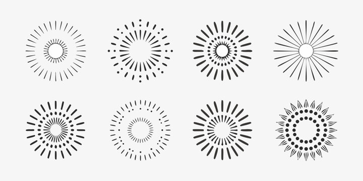 Collection of eight hand drawn sunburst starburst and radial burst graphic elements