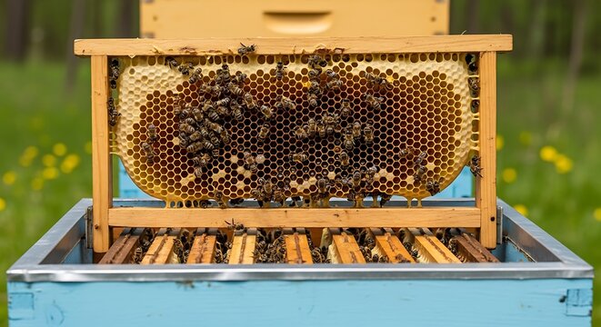 Beekeeping Honeycomb Frame with Bees in a Hive.