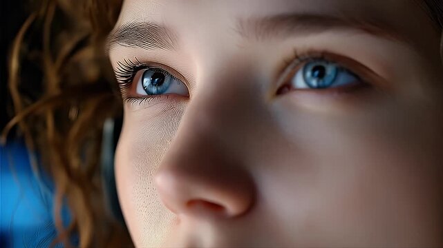 Woman with blue eyes wearing headset close up