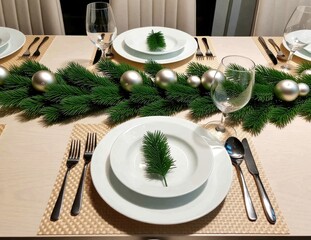 Elegant Christmas Table Setting with Greenery and Ornaments