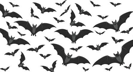 Flying bats silhouette, spooky Halloween design, dark animal shapes, swarm in motion, vector illustration, night creatures, gothic art, design element