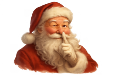 Santa claus making a shushing gesture, wink and secret sign to children, celebrating christmas holiday. Transparent background