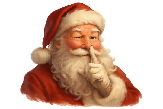 Santa claus making a shushing gesture, wink and secret sign to children, celebrating christmas holiday. Transparent background