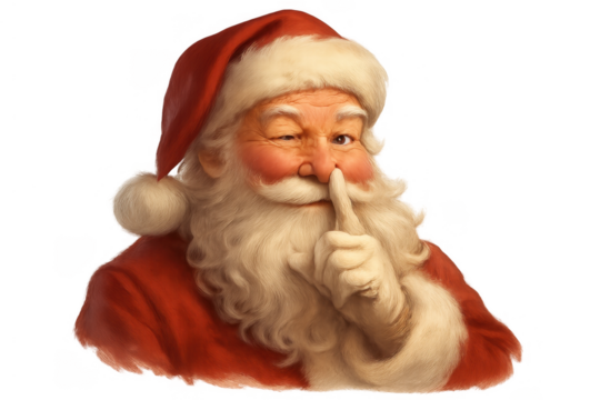 Santa claus making a shushing gesture, wink and secret sign to children, celebrating christmas holiday. Transparent background - Powered by Adobe