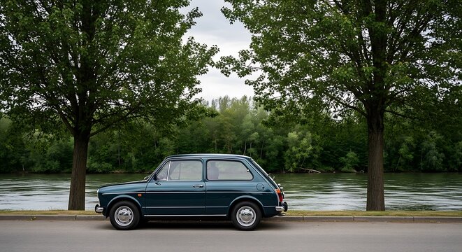 Classic Teal Honda Civic parked by a serene river with lush green trees.