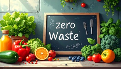 A vibrant still life features diverse fruits and vegetables surrounding a chalkboard with "zero Waste" written on it
