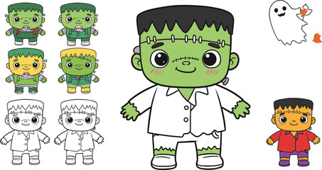 Frankenstein cartoon characters with ghost, halloween monster illustration, spooky kids coloring page, fun vector art design, cad drawing flat vector illustration