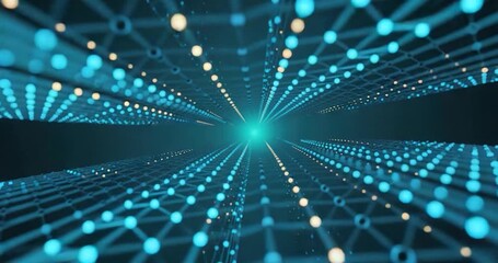 Futuristic digital data tunnel with glowing blue and yellow particles forming a connected network grid, abstract technology background ideal for AI, big data, blockchain, cybersecurity and innovation - Powered by Adobe