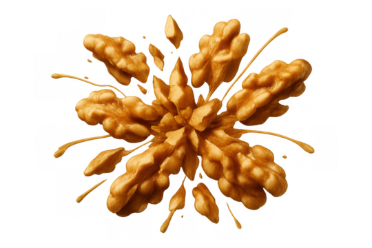 Walnut explosion with flying fragments and liquid splash, healthy ingredient for cooking and baking on transparent background