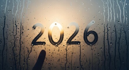 Hand drawing the future year 2026 on a wet window pane with a warm light shining through.