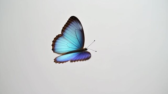 A stunning blue morpho butterfly, displaying its iridescent wings in vibrant hues of blue and purple, isolated against a pristine white background. Elegant and delicate.