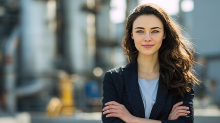 Confident Professional in the Industrial Landscape: A poised woman with a strong gaze stands confidently in front of industrial machinery, exuding competence and authority, showcasing dedication.