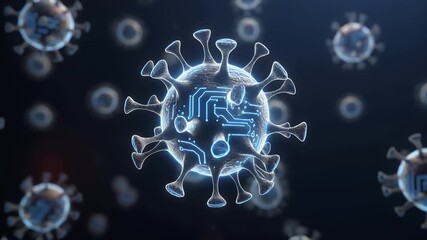Conceptual digital virus with glowing circuit patterns, symbolizing cyber threats, advanced pathogens, or the integration of biology and technology. - Powered by Adobe