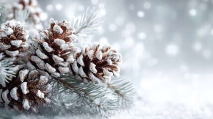 Cluster of frosted pinecones resting atop snowy evergreen branches captured in ultra-sharp detail Delicate crystals sparkle under soft