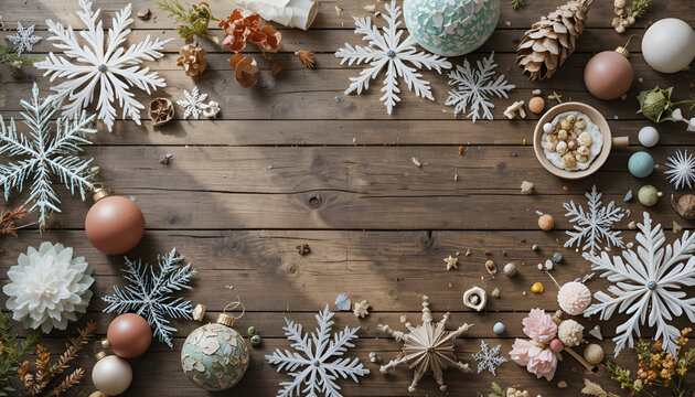 Festive winter holiday scene with snowflakes and ornaments on a rustic wooden surface background - Powered by Adobe