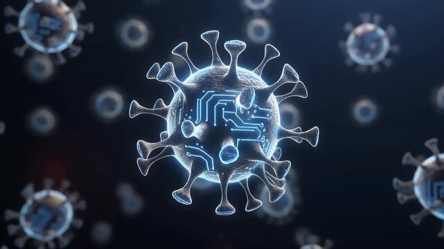 Conceptual digital virus with glowing circuit patterns, symbolizing cyber threats, advanced pathogens, or the integration of biology and technology.