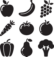 Black and White Silhouette Vector Set of 9 Fruits and Vegetables Apple Banana Grapes Carrot Tomato Bell Pepper Pear Lemon Broccoli