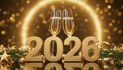 New Year numbers stand beside a shimmering display as festive lights twinkle throughout a celebratory scene.