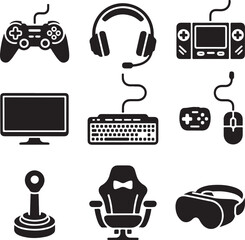 Black and White Silhouette Vector Set of 9 Gaming Related Objects Gaming Controller Headset Console Keyboard Mouse Monitor Chair Joystick VR Headset © Team RAS