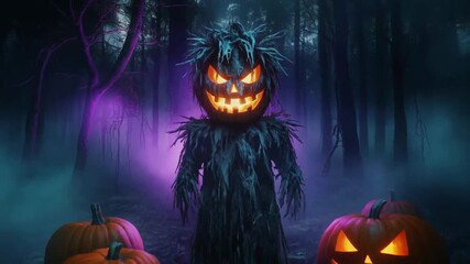 Spooky Halloween scarecrow with glowing pumpkin head in a mystical, foggy forest surrounded by carved jack-o'-lanterns. - Powered by Adobe