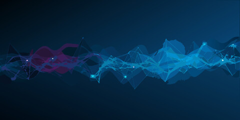 Abstract digital network wave with connected nodes and flowing lines on dark blue background
