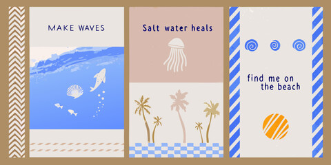 Triptych of beach themed illustrations with inspirational quotes and ocean motifs