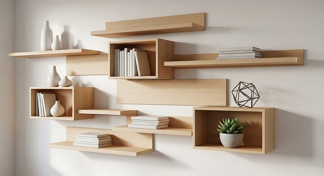 Modern Wooden Wall Shelves Displaying Decor and Books.