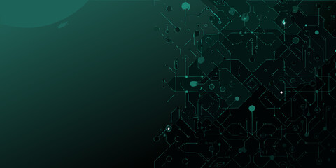 Abstract dark teal digital circuit board pattern with glowing nodes and lines on a gradient background