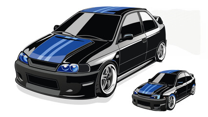 Naklejka premium Sleek black sports car with blue racing stripes, modern design for automotive enthusiasts and digital projects